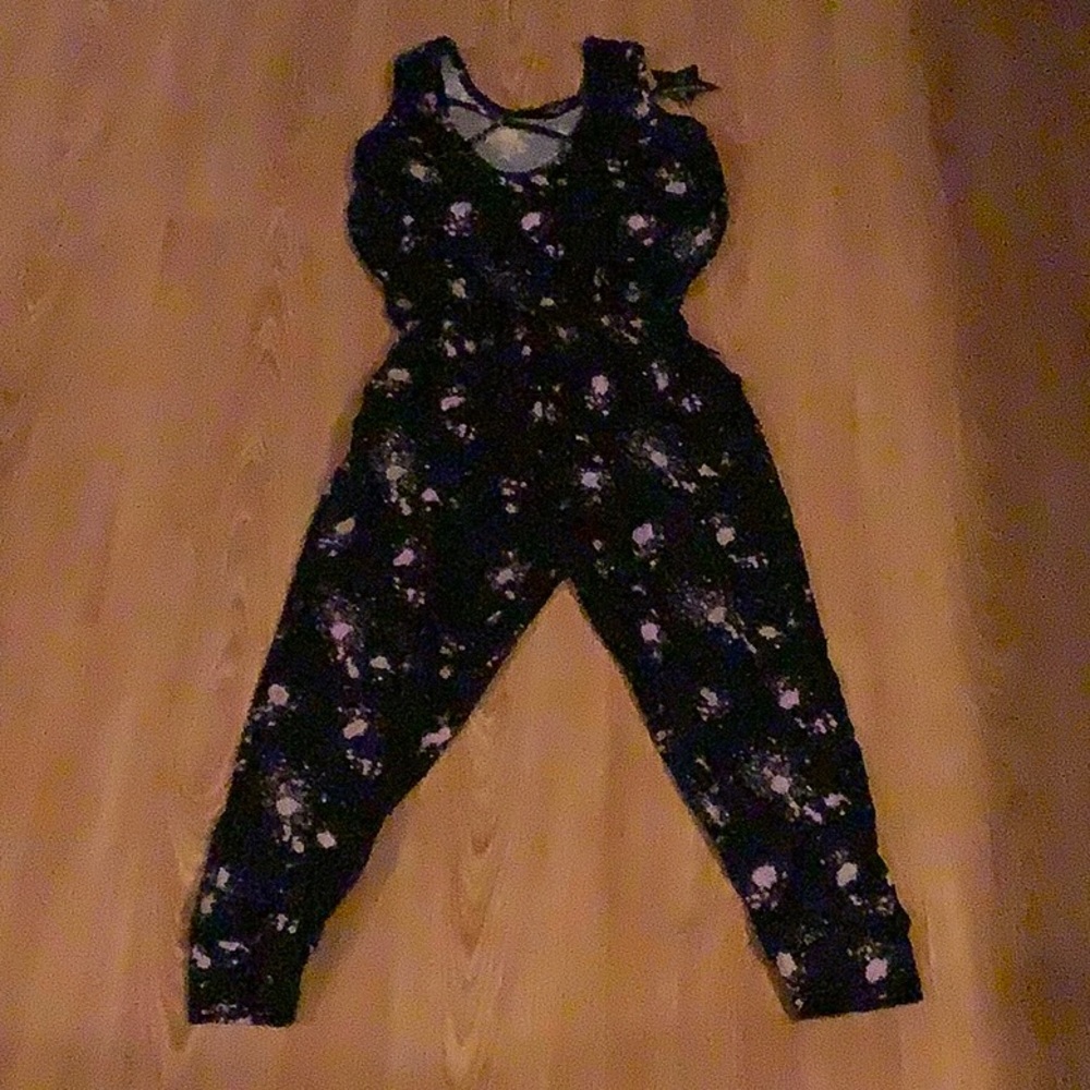Long Jumpsuit Black Lilac Splatter